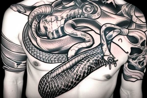 Snake coming out of a bull skull chest and arm sleeve tattoo idea