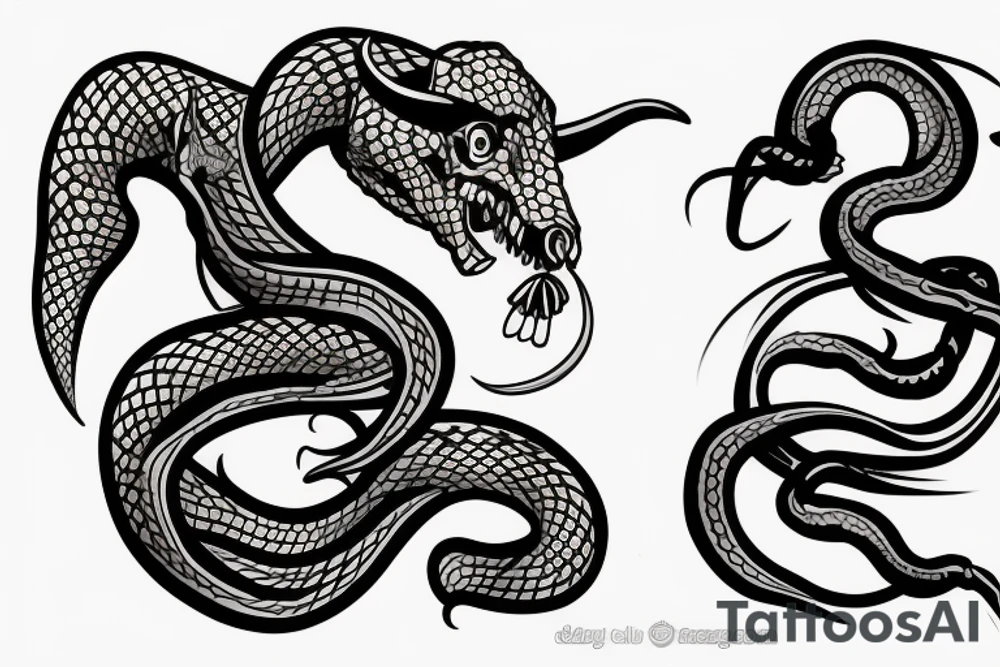 Snake coming out of a bull skull chest and arm sleeve tattoo idea