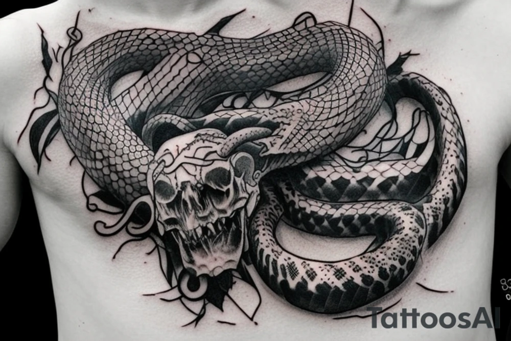 Snake coming out of a bull skull chest and arm sleeve tattoo idea