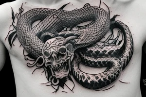 Snake coming out of a bull skull chest and arm sleeve tattoo idea
