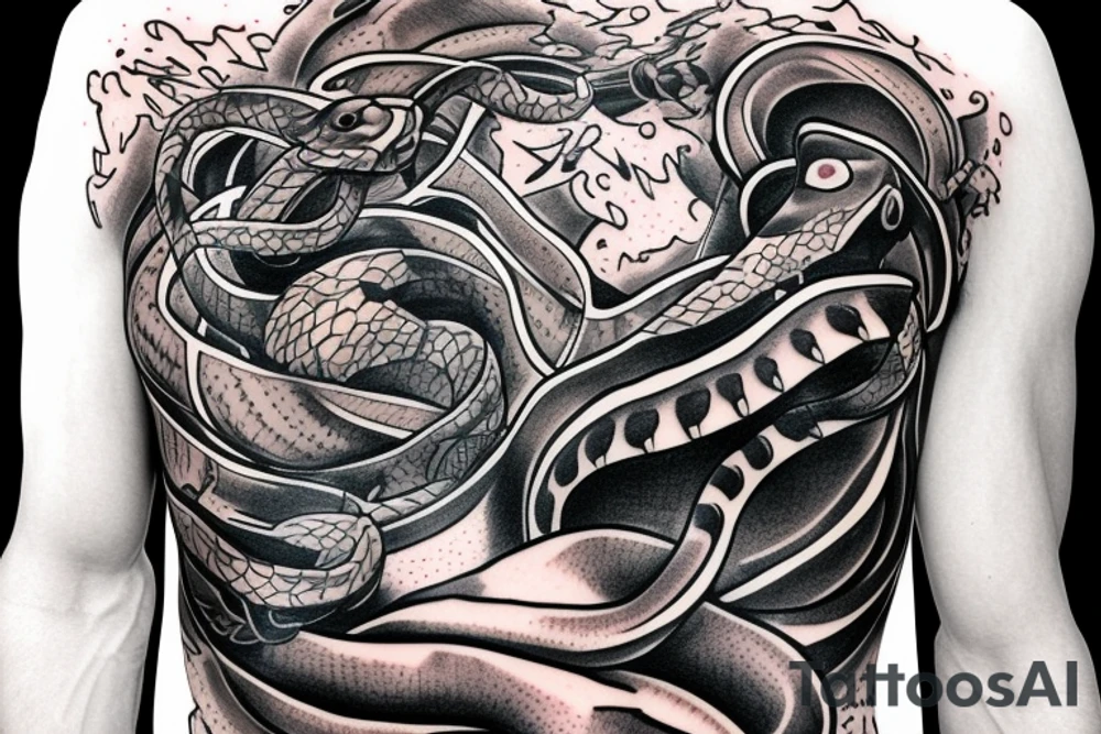 Snake coming out of a bull skull chest and arm sleeve tattoo idea