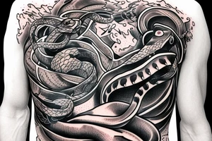Snake coming out of a bull skull chest and arm sleeve tattoo idea