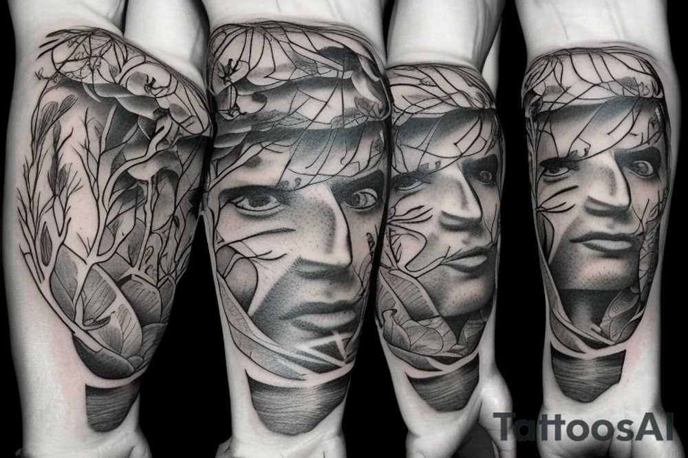 Arm sleeve including a thinking man and family tree tattoo idea Arm sleeve including a thinking man and family tree tattoo idea