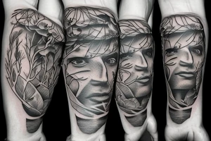 Arm sleeve including a thinking man and family tree tattoo idea
