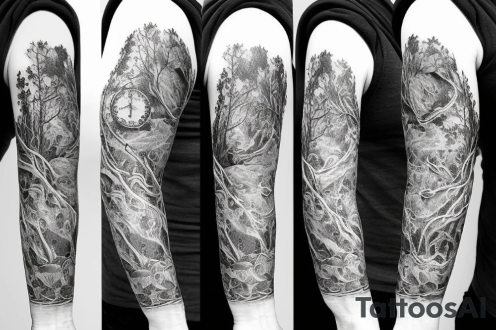 Arm sleeve including a thinking man and family tree tattoo idea