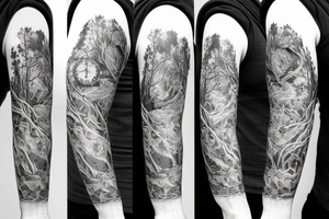 Arm sleeve including a thinking man and family tree tattoo idea