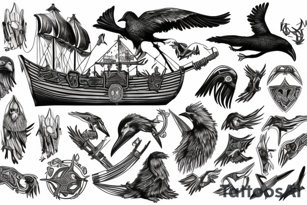Viking ship with norse ravens tattoo idea