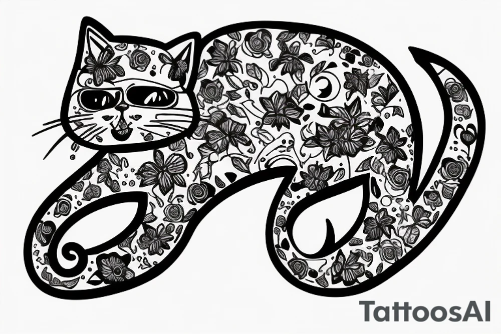 monmon cat with testosterone molecule, semicolon and flowers tattoo idea