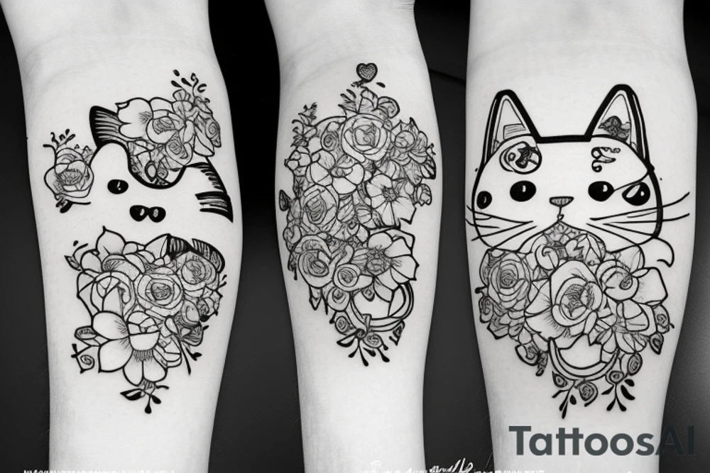 cute monmon cat with testosterone molecule, semicolon and flowers tattoo idea