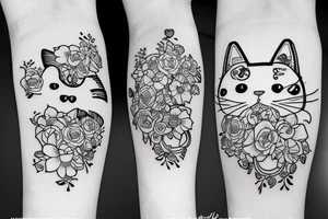 cute monmon cat with testosterone molecule, semicolon and flowers tattoo idea