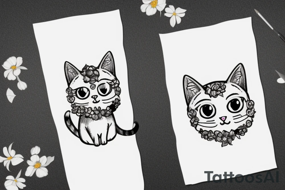 cute monmon cat with testosterone molecule, semicolon and flowers tattoo idea