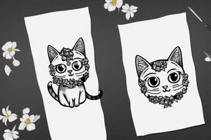 cute monmon cat with testosterone molecule, semicolon and flowers tattoo idea