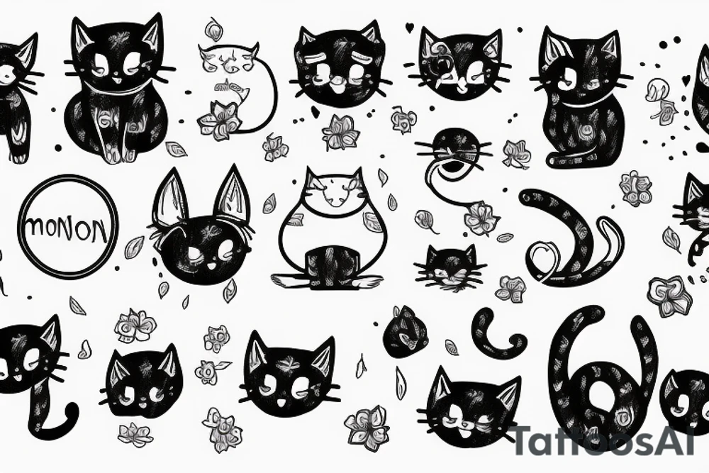 simple monmon cat with a testosterone molecule, semicolon and flowers tattoo idea