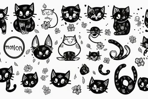 simple monmon cat with a testosterone molecule, semicolon and flowers tattoo idea