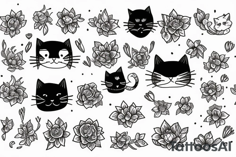 simple monmon cat with a testosterone molecule, semicolon and flowers tattoo idea