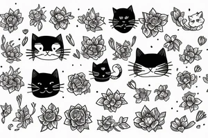 simple monmon cat with a testosterone molecule, semicolon and flowers tattoo idea