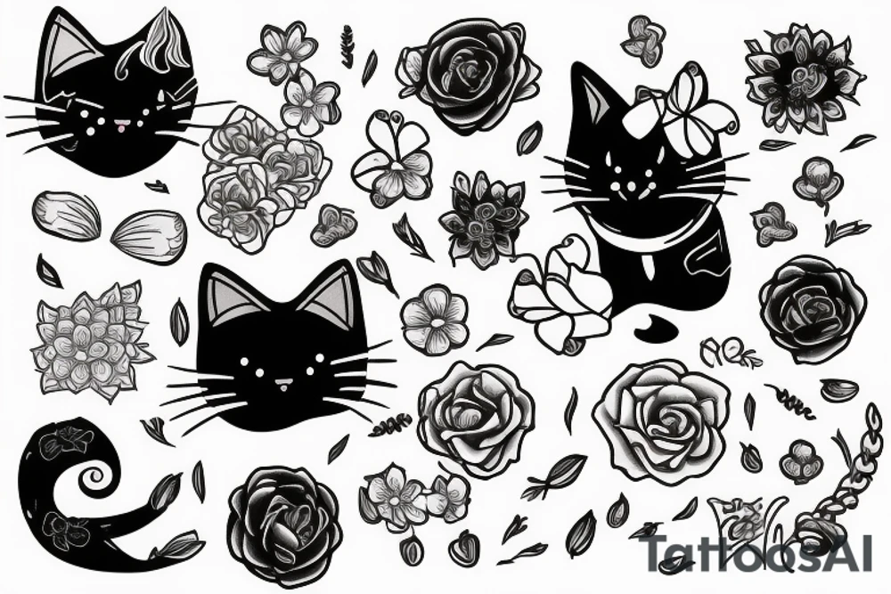 cat with a testosterone molecule, semicolon and flowers tattoo idea