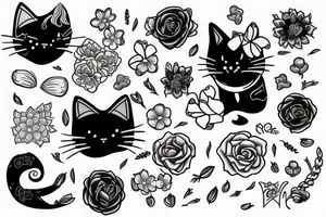 cat with a testosterone molecule, semicolon and flowers tattoo idea