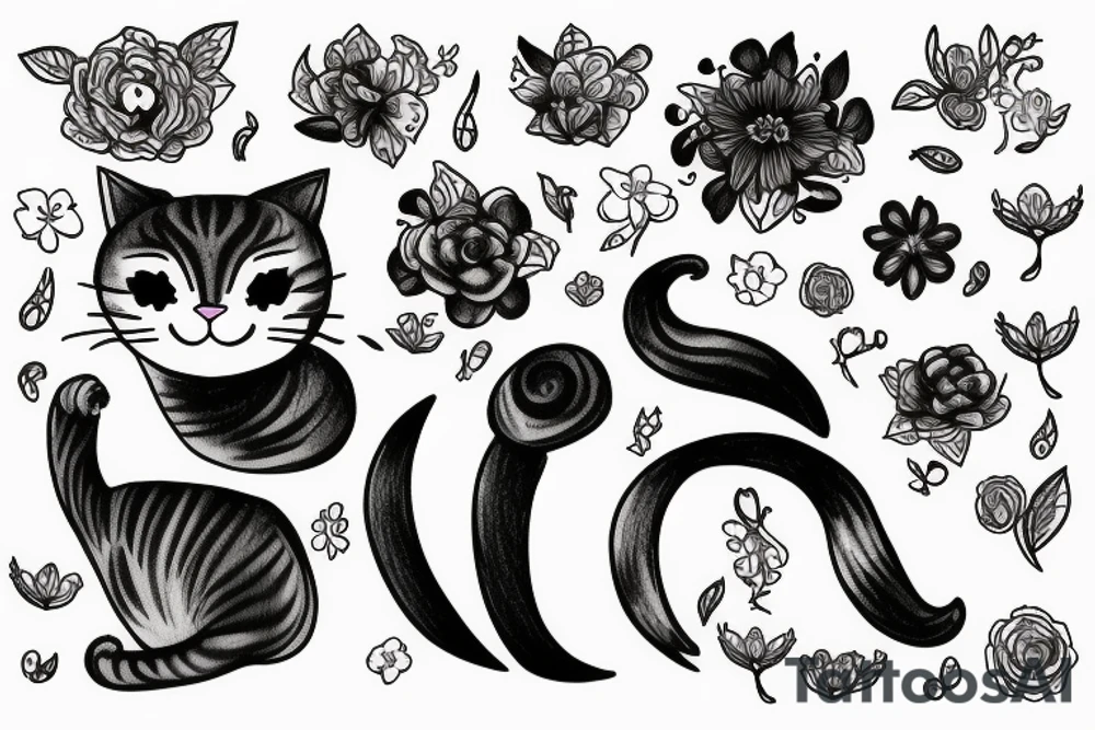 cat with a testosterone molecule, semicolon and flowers tattoo idea