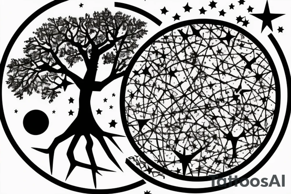 Very dense argan tree casting a perfect shadow underneath contained in a circle with constellations above it tattoo idea