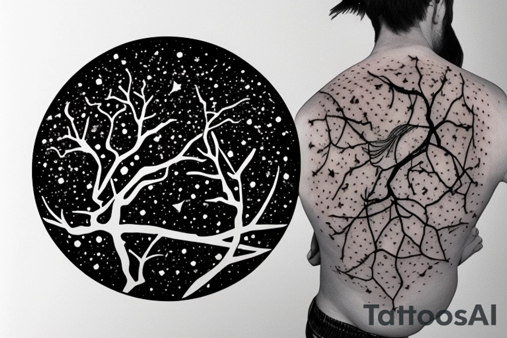 Very dense argan tree casting a perfect shadow underneath contained in a circle with constellations above it tattoo idea