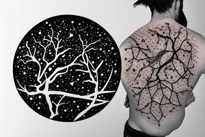 Very dense argan tree casting a perfect shadow underneath contained in a circle with constellations above it tattoo idea