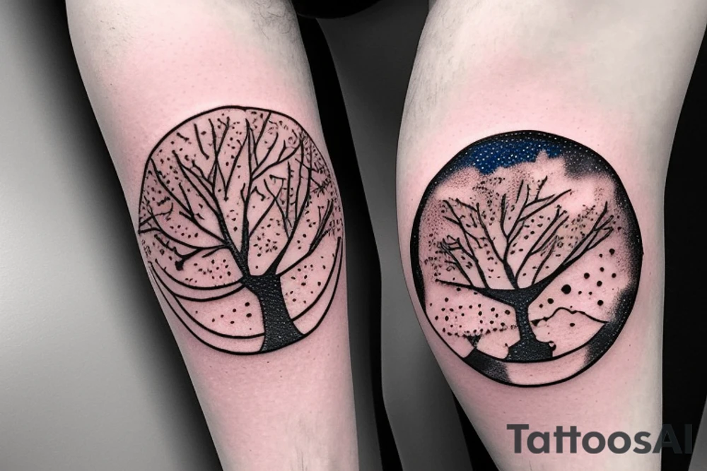 Very dense argan tree casting a perfect shadow underneath contained in a circle with constellations above it tattoo idea