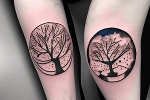 Very dense argan tree casting a perfect shadow underneath contained in a circle with constellations above it tattoo idea