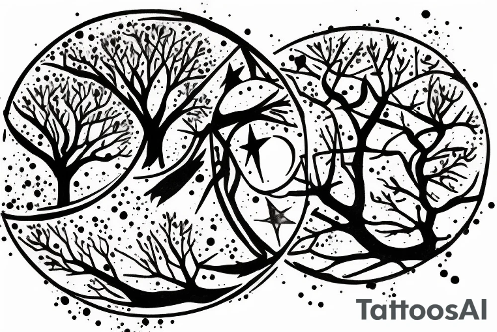 Very dense argan tree casting a perfect shadow underneath contained in a circle with constellations above it tattoo idea