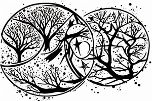Very dense argan tree casting a perfect shadow underneath contained in a circle with constellations above it tattoo idea
