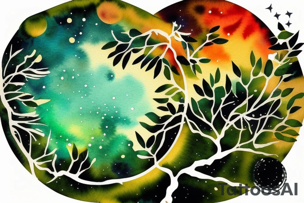 Very dense argan tree with green leafs casting a perfect shadow underneath contained in a circle with constellations on a sunset sky above it tattoo idea