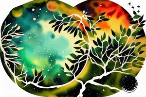 Very dense argan tree with green leafs casting a perfect shadow underneath contained in a circle with constellations on a sunset sky above it tattoo idea