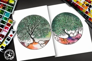 Very dense argan tree with green leafs casting a perfect shadow underneath contained in a circle with constellations on a sunset sky above it tattoo idea