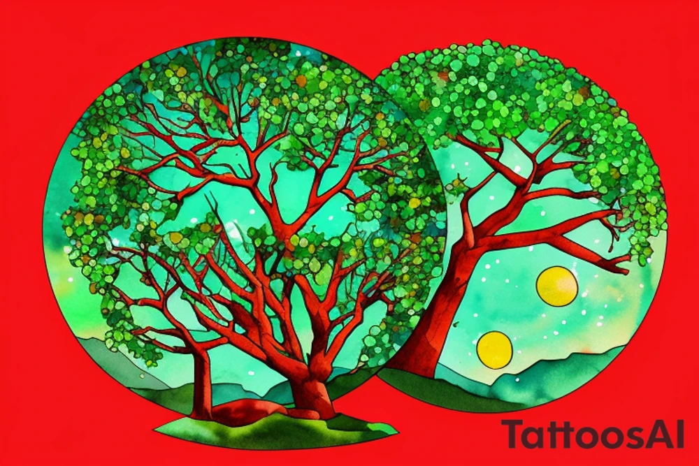 Very dense argan tree with green leafs casting a perfect shadow underneath on red desertic soil. The tree is contained in a circle with constellations on a sunset sky above it tattoo idea