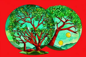 Very dense argan tree with green leafs casting a perfect shadow underneath on red desertic soil. The tree is contained in a circle with constellations on a sunset sky above it tattoo idea