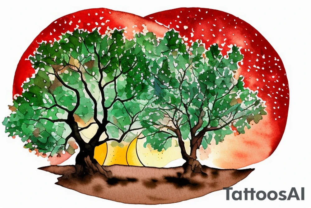 Very dense argan tree with green leafs casting a perfect shadow underneath on red desertic soil. The tree is contained in a circle with constellations on a sunset sky above it tattoo idea