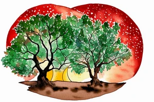 Very dense argan tree with green leafs casting a perfect shadow underneath on red desertic soil. The tree is contained in a circle with constellations on a sunset sky above it tattoo idea