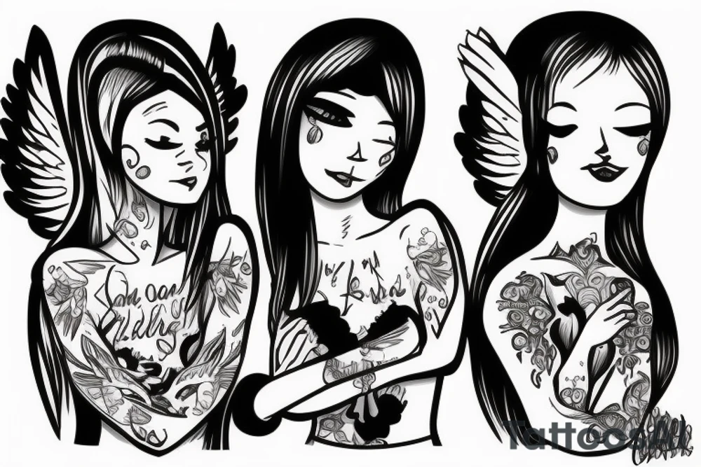 2 angels, 1 of them is good and the other one is bad, the bad angle backstabbing the good one tattoo idea