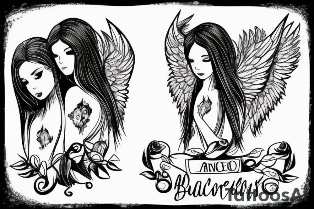 2 angels, 1 of them is good and the other one is bad, the bad angle backstabbing the good one tattoo idea