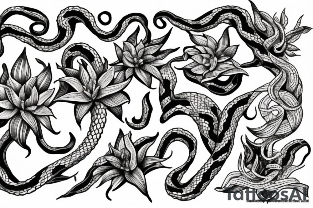 medusa tattoo, black and white, snake, lillies, flowers, foliage intertwined, goddess, beautiful white background --ar 1:2 tattoo idea