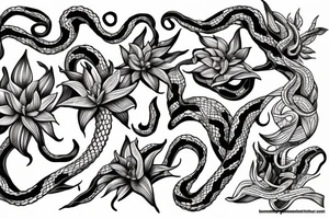 medusa tattoo, black and white, snake, lillies, flowers, foliage intertwined, goddess, beautiful white background --ar 1:2 tattoo idea