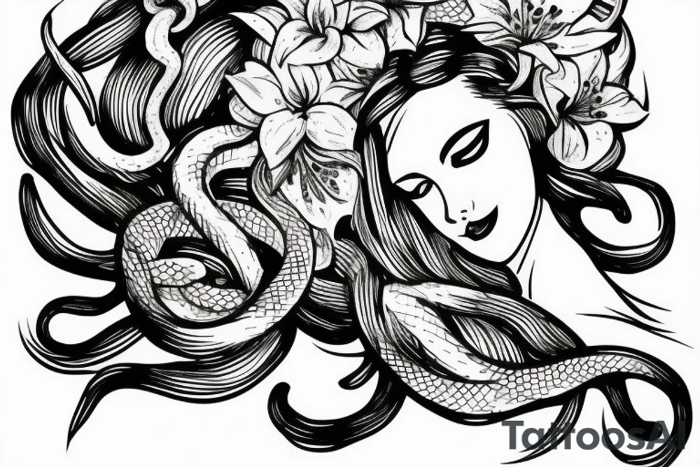 medusa tattoo, black and white, snake, lillies, flowers, foliage intertwined, goddess, beautiful white background --ar 1:2 tattoo idea