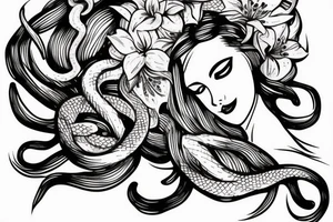 medusa tattoo, black and white, snake, lillies, flowers, foliage intertwined, goddess, beautiful white background --ar 1:2 tattoo idea