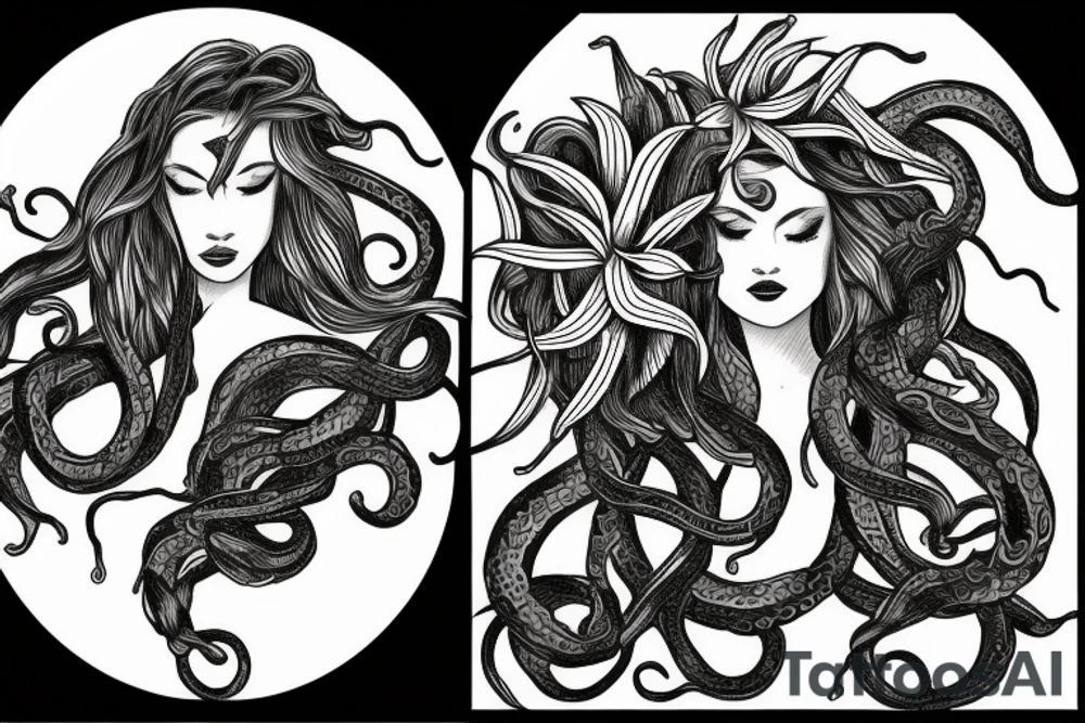 medusa tattoo, black and white, snake, lillies, flowers, foliage intertwined, goddess, beautiful white background --ar 1:2 tattoo idea