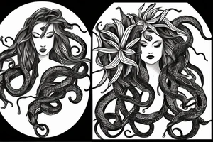 medusa tattoo, black and white, snake, lillies, flowers, foliage intertwined, goddess, beautiful white background --ar 1:2 tattoo idea