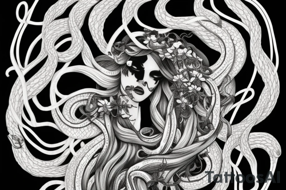 medusa tattoo, black and white, snake, lillies, flowers, foliage intertwined, goddess, beautiful white background --ar 1:2 tattoo idea