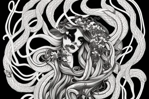 medusa tattoo, black and white, snake, lillies, flowers, foliage intertwined, goddess, beautiful white background --ar 1:2 tattoo idea