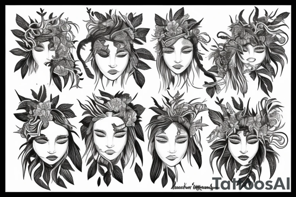 medusa tattoo, looking over bare shoulder, with tiger lily flowers in her hair, eyes open, foliage surrounding her, snake around her shoulder and going down tattoo idea