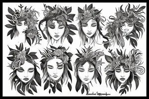 medusa tattoo, looking over bare shoulder, with tiger lily flowers in her hair, eyes open, foliage surrounding her, snake around her shoulder and going down tattoo idea
