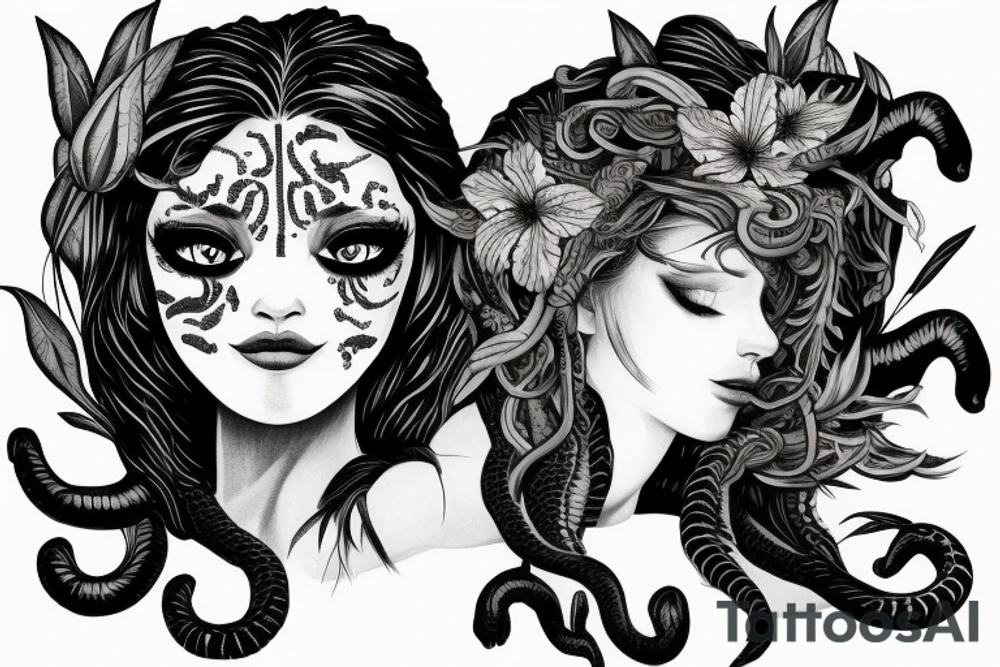 medusa tattoo, looking over bare shoulder, with tiger lily flowers in her hair, eyes open, foliage surrounding her, snake around her shoulder and going down tattoo idea